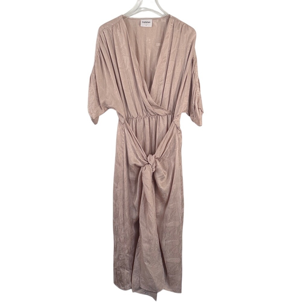 Callahan Knitwear Champagne Blush Jacquard Knot Front V-Neck Midi Dress Medium - Picture 2 of 7
